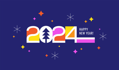 Happy New Year 2024 greeting card or banner design with numbers on blue background.