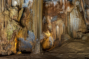 Stalagmite and stalactite formation in the Paradise cave in Vietnam
