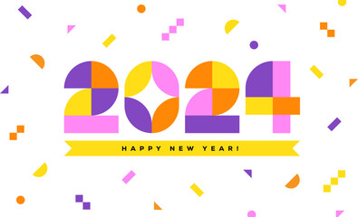 Happy New Year 2024 greeting card or banner design with colorful geometric numbers on white background.