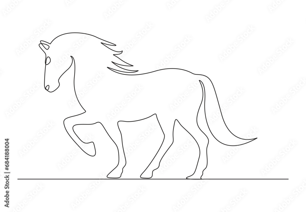 Poster continuous single line drawing of horse. isolated on white background vector illustration. premium v