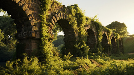 Ancient Roman aqueduct, crumbling stone structure, overgrown with ivy and moss, set in a tranquil...