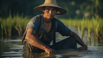 Asian worker (farmer) in the rice field. Agriculture in Asia. Rice plantations. - obrazy, fototapety, plakaty