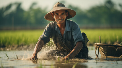 Asian worker (farmer) in the rice field. Agriculture in Asia. Rice plantations. - obrazy, fototapety, plakaty