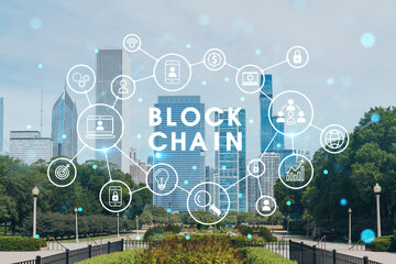 Chicago skyline from Butler Field towards financial district skyscrapers, day time, Chicago, Illinois, USA. Parks and gardens. Decentralized economy. Blockchain and cryptography concept, hologram