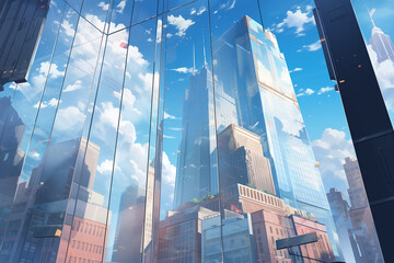 都会のビル群のガラスに反射する青空風景 - obrazy, fototapety, plakaty