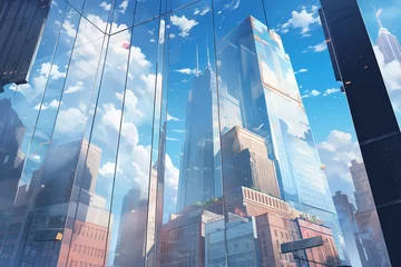 Gordijnen 都会のビル群のガラスに反射する青空風景 © keijiro