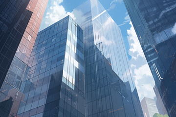 都会のビル群のガラスに反射する青空風景