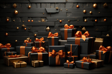 Celebratory Array: Many Christmas Presents Arranged in Dark Orange and Dark Bronze Splendor - Generative AI