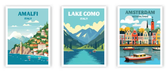 Fotobehang Vintage Poster Amalfi, Lake Como, Amsterdam Illustration Art. Travel Poster Wall Art. Minimalist Vector art.  © Duy