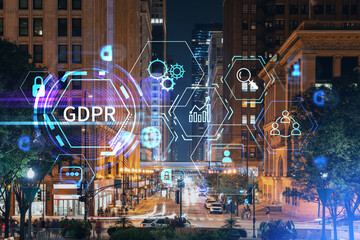 Chicago downtown area city view and Millennium Park area, night time, Illinois, USA. Skyscrapers of financial district. GDPR hologram, concept of data protection regulation and privacy for individuals - obrazy, fototapety, plakaty