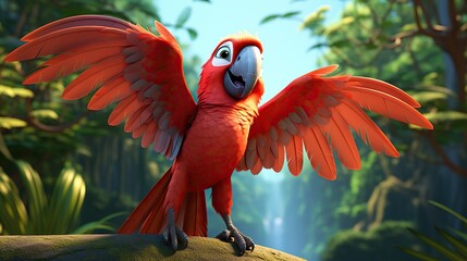 Cartoon red parrot bird character pointing with its wing - obrazy, fototapety, plakaty