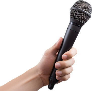 hand holding microphone isolated on white background, mock up image 