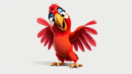 Cartoon red parrot bird character pointing with its wing