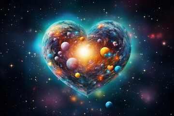 space, galaxy on the theme of love, planets in the form of hearts, an arrangement of brightly colored hearts in a heart shape, in the style of cosmic landscapes, cute cartoonish designs
