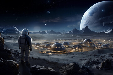 astronaut on the moon lunar base illuminated building night stars in the sky mountains on the horizon