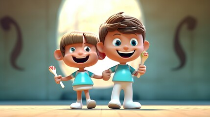 Cute tooth characters holding giant toothbrush and brushing on bright blue background
