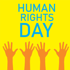 Human right day concept. International peace.  raised on banner with confetti. Equality awareness icon. Freedom symbol. Cartoon flat on white background.Vector illustration.