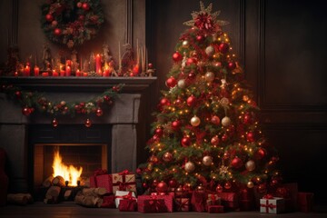 Cozy Christmas Tree with Red Glowing Ornaments