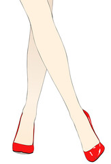 The crossed legs of a woman wearing red high-heeled shoes