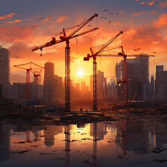Cranes constructing a building.