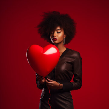 Black woman with a heart-shaped balloon on a red background.