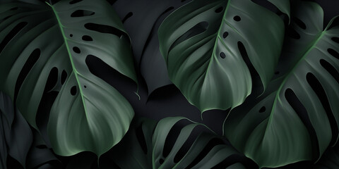 Deep rich background with monstera leaves. Juicy green leaves on dark background.Template,background,wallpaper with monstera leaves - obrazy, fototapety, plakaty
