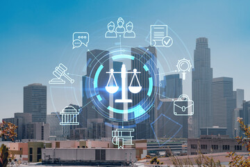 Los Angeles panorama skyline of downtown at day time, California, USA. Skyscrapers of LA city. Glowing hologram of legal icons. The concept of law, order, regulations and digital justice. - obrazy, fototapety, plakaty