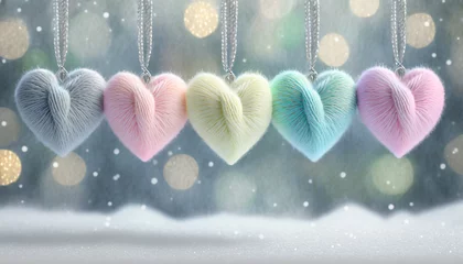 Foto auf Leinwand Heart ornaments of pastel coloured wool hanging from silver strings above snowy ground with blurred background with sparkling lights and falling snow © Ester