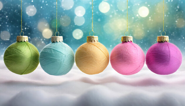 Coloured Christmas balls of wool hanging from golden strings above snowy ground with blurred background with sparkling lights and falling snow
