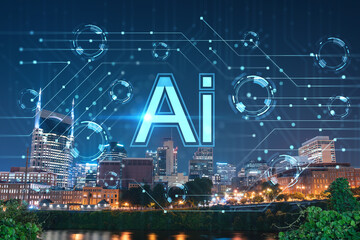 Panoramic view of Broadway district of Nashville over River at illuminated night, Tennessee, USA. Hologram of Artificial Intelligence concept. AI, business, machine learning, neural network, robotics