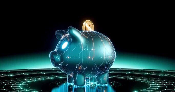 Concept of saving money using crypto money, piggy bank representing saving money, styles The design is futuristic