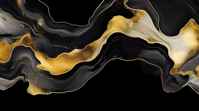 Swirling black and gold patterns with a luxurious and fluid aesthetic