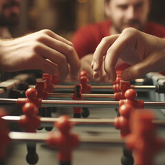 Close up of hands of friends playing table football or foosball in a bar in summer. - obrazy, fototapety, plakaty