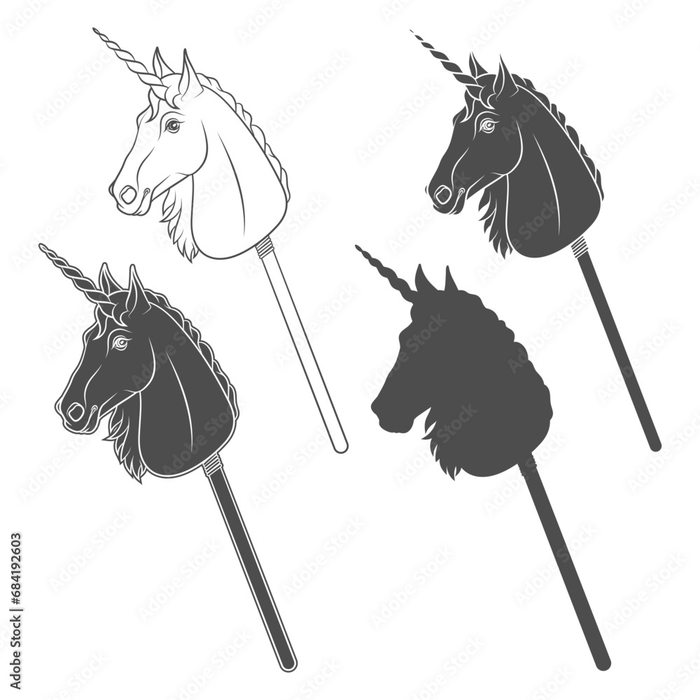 Poster set of black and white illustrations with unicorn hobby horse toy on stick. isolated vector objects 