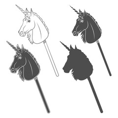 Set of black and white illustrations with unicorn hobby horse toy on stick. Isolated vector objects on white background.