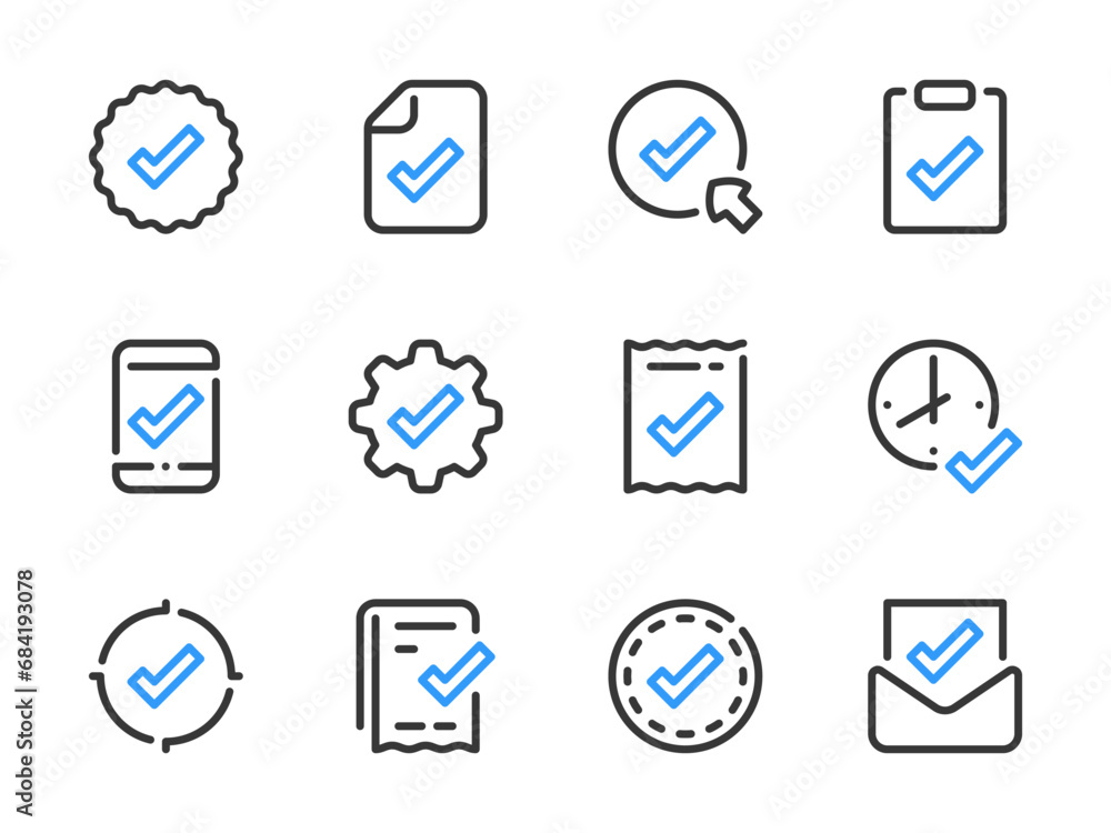 Aufkleber checkmark and acceptance vector line icons. check, tick and approve outline icon set.