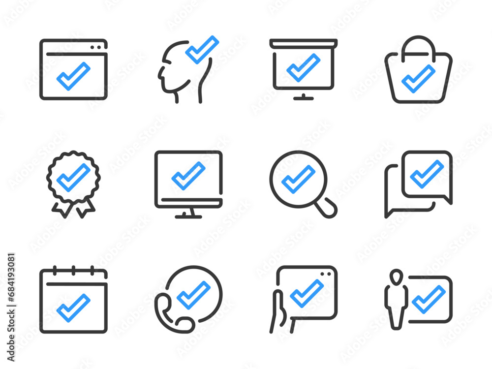 Poster checkmark and acceptance vector line icons. check, tick and approve outline icon set.
