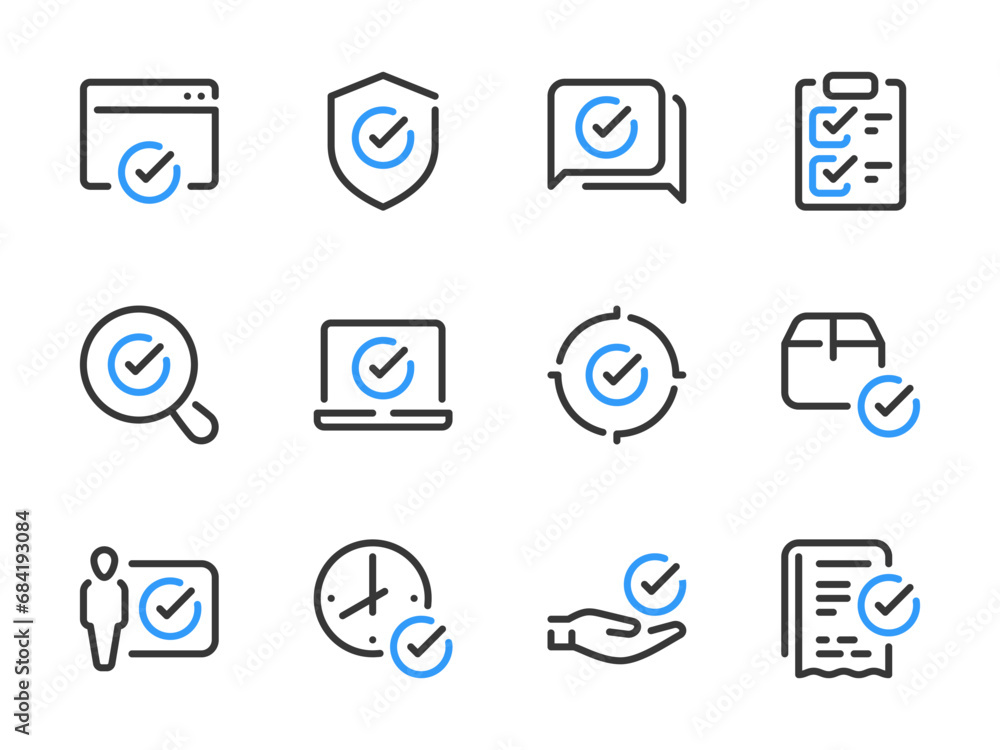 Poster checkmark and acceptance vector line icons. check, tick and approve outline icon set.