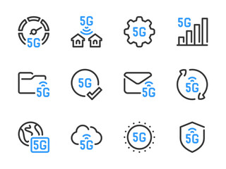 5G Communication Technology vector line icons. High Speed Wireless Network outline icon set.