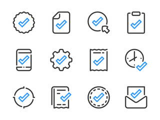 Checkmark and Acceptance vector line icons. Check, Tick and Approve outline icon set.