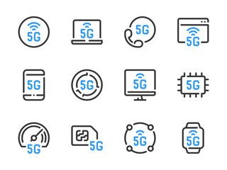 5G Communication Technology vector line icons. High Speed Wireless Network outline icon set.