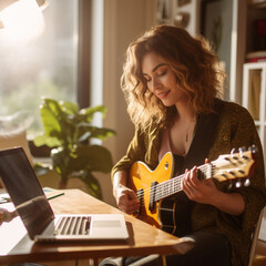 Woman with guitar doing an online music class.