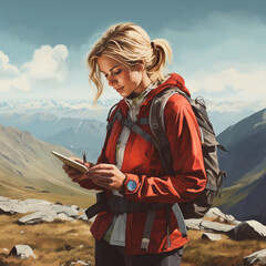 Hiker woman using a gps device in the mountain.