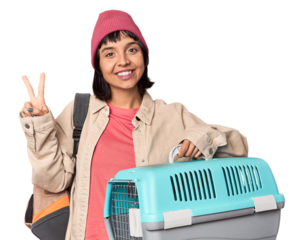 Young Hispanic woman ready for travel with pet carrier confused, feels doubtful and unsure.