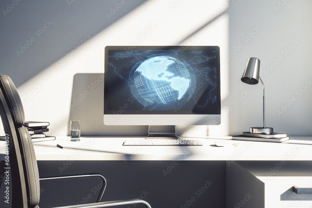 Aufkleber modern computer monitor with america map, research and strategy concept. 3d rendering