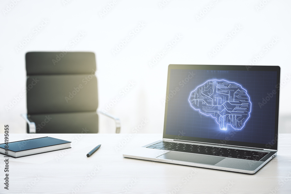 Aufkleber creative artificial intelligence concept with human brain hologram on modern laptop screen. 3d rende