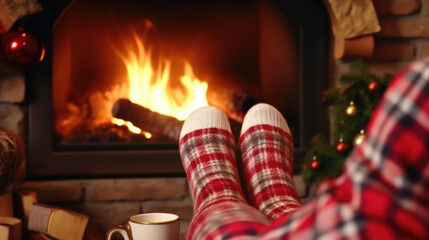 Fototapeta na wymiar Feet in woollen socks by the Christmas fireplace with space for text