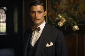 Refined Elegance: Man in Bow Tie and Vintage Suit.
A man exhibits refined elegance in a bow tie and vintage suit, with a floral backdrop.