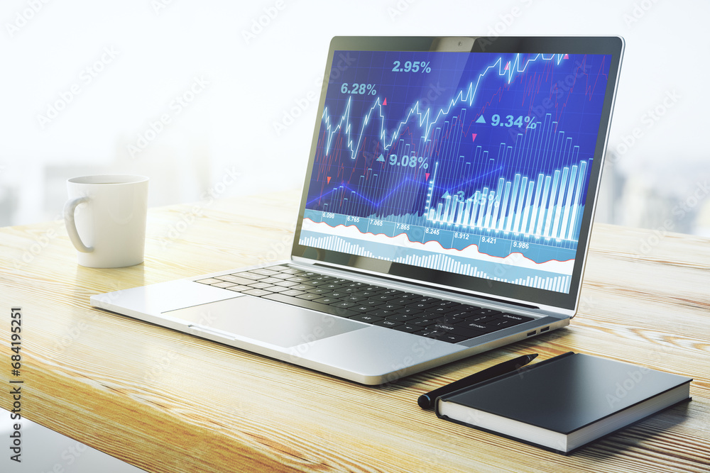 Aufkleber modern computer screen with abstract financial diagram, banking and accounting concept. 3d rendering