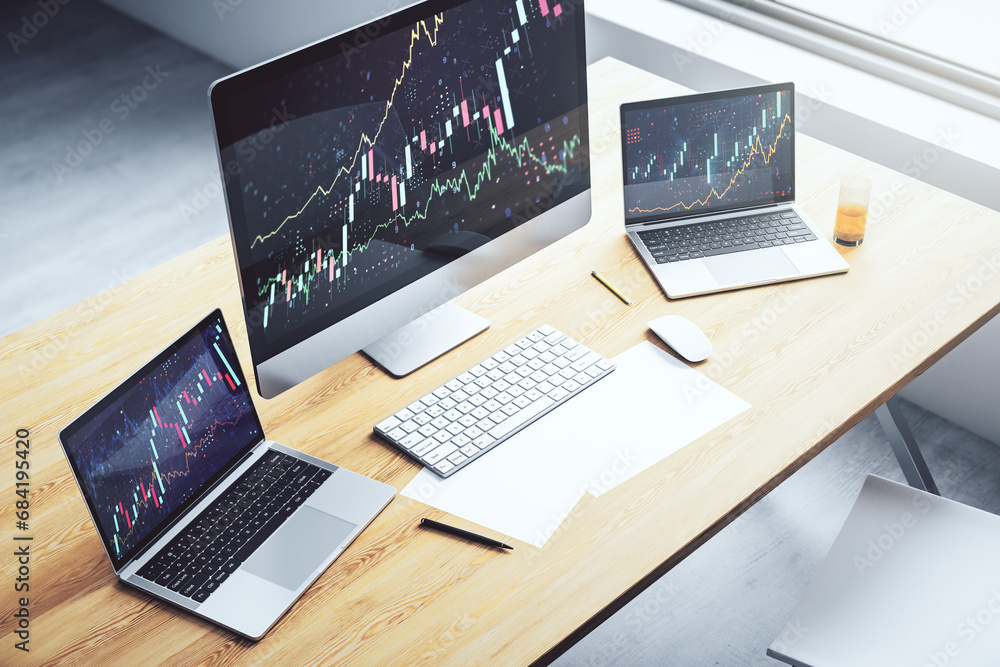 Poster abstract creative financial graph on modern laptop screen, forex and investment concept. 3d renderin